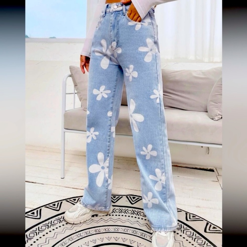 SHEIN | Flower Power Retro High Waist Wide Leg Jeans